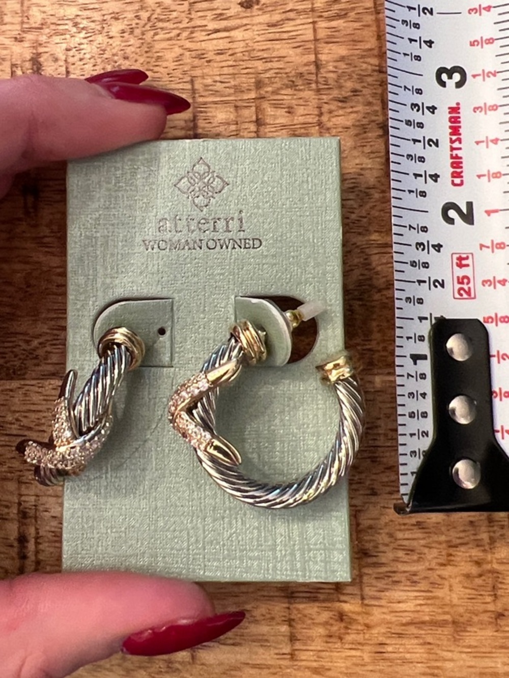 Two-Tone Gold X Pavé Hoop Earrings - Picture 7 of 7